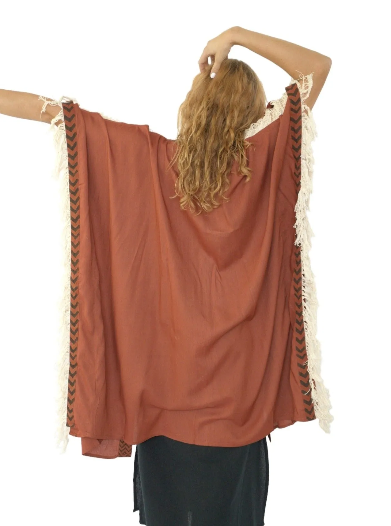 Rust Closed-Back Fringe Poncho