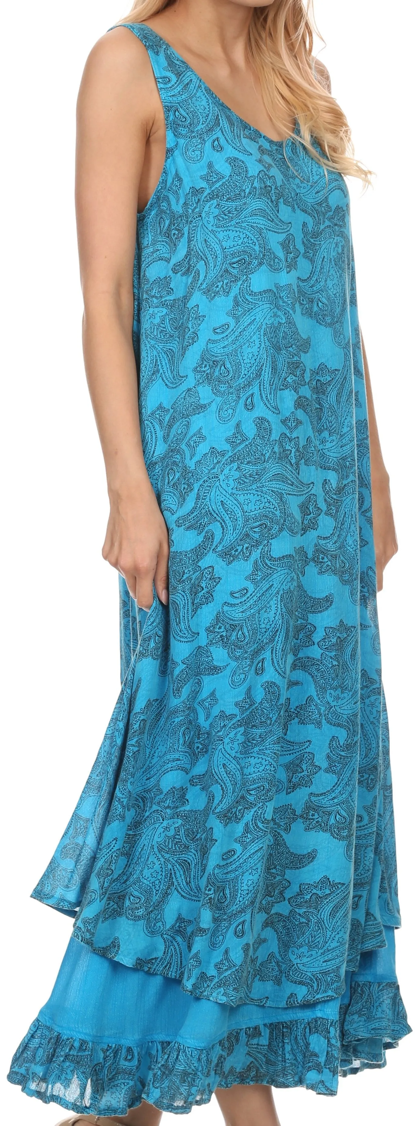 Sakkas Paak Tall Long Batik Paisely Print Ruffle Hem Lined Caftan Tank Top Dress