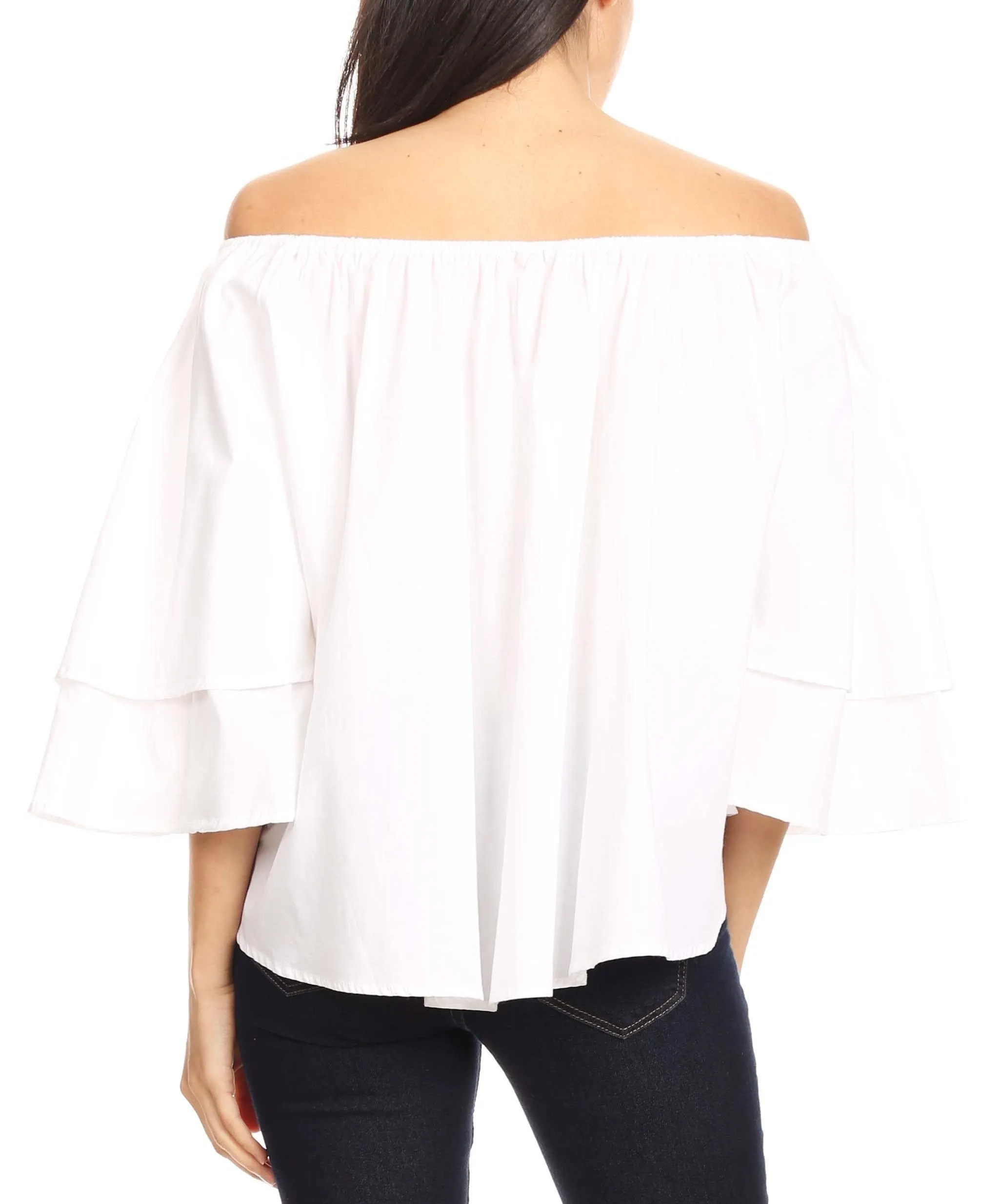 Sakkas Samra Womens Casual Off the Shoulder Bohemian Blouse Top Solid Short Sleeve