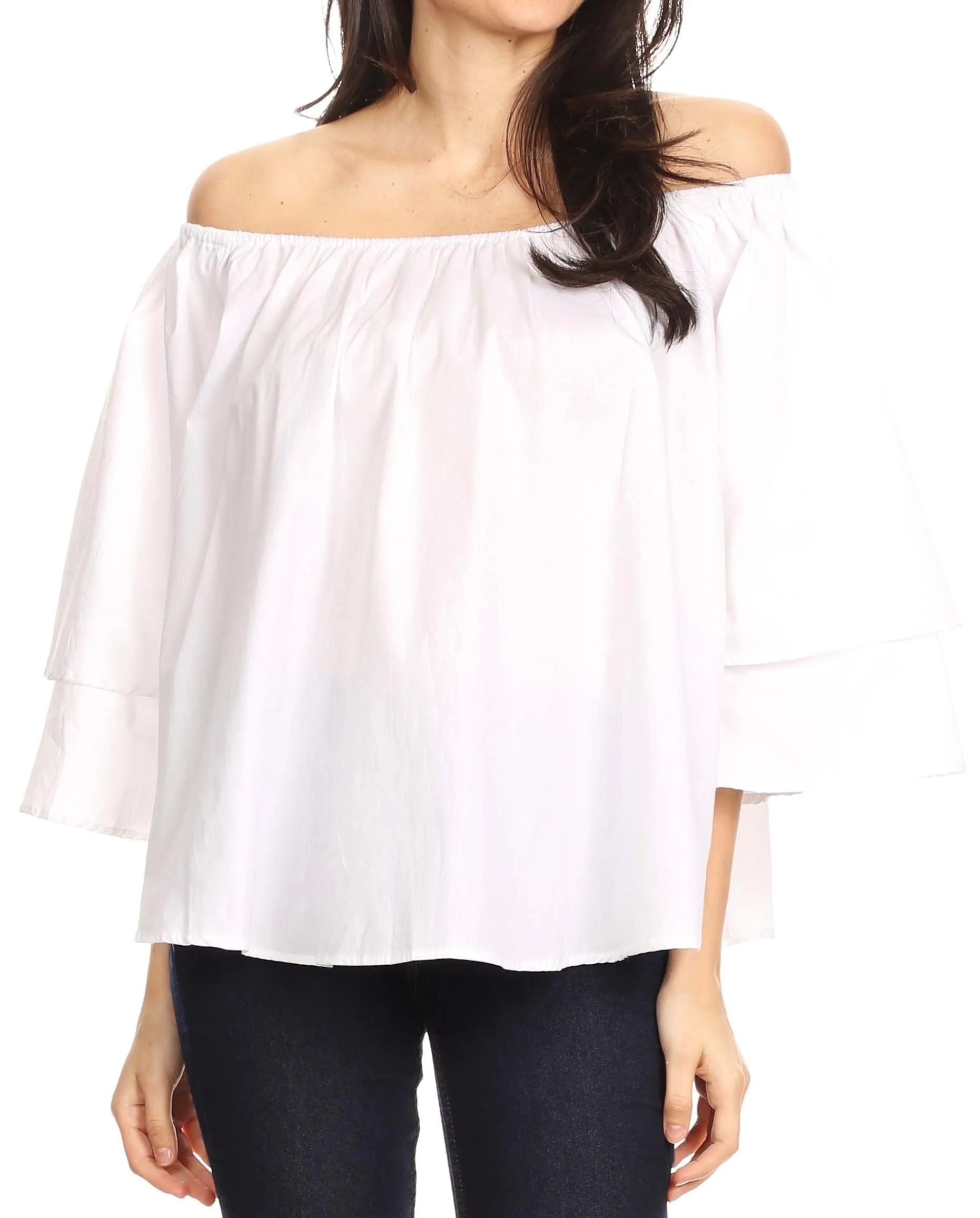 Sakkas Samra Womens Casual Off the Shoulder Bohemian Blouse Top Solid Short Sleeve