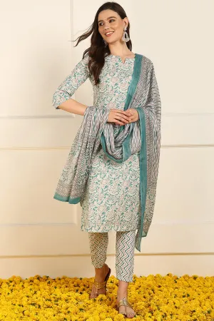 Teal Pure Cotton Floral Printed Straight Suit Set