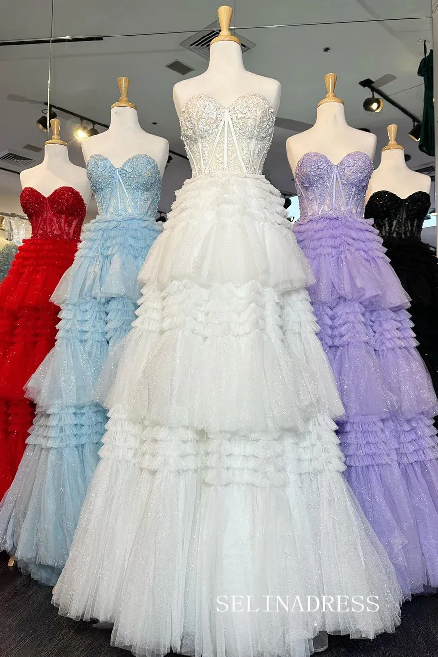 Tulle layered Sweetheart Tiered A-Line Long Prom Dress with Ruffles lpk810