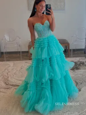 Tulle layered Sweetheart Tiered A-Line Long Prom Dress with Ruffles lpk810