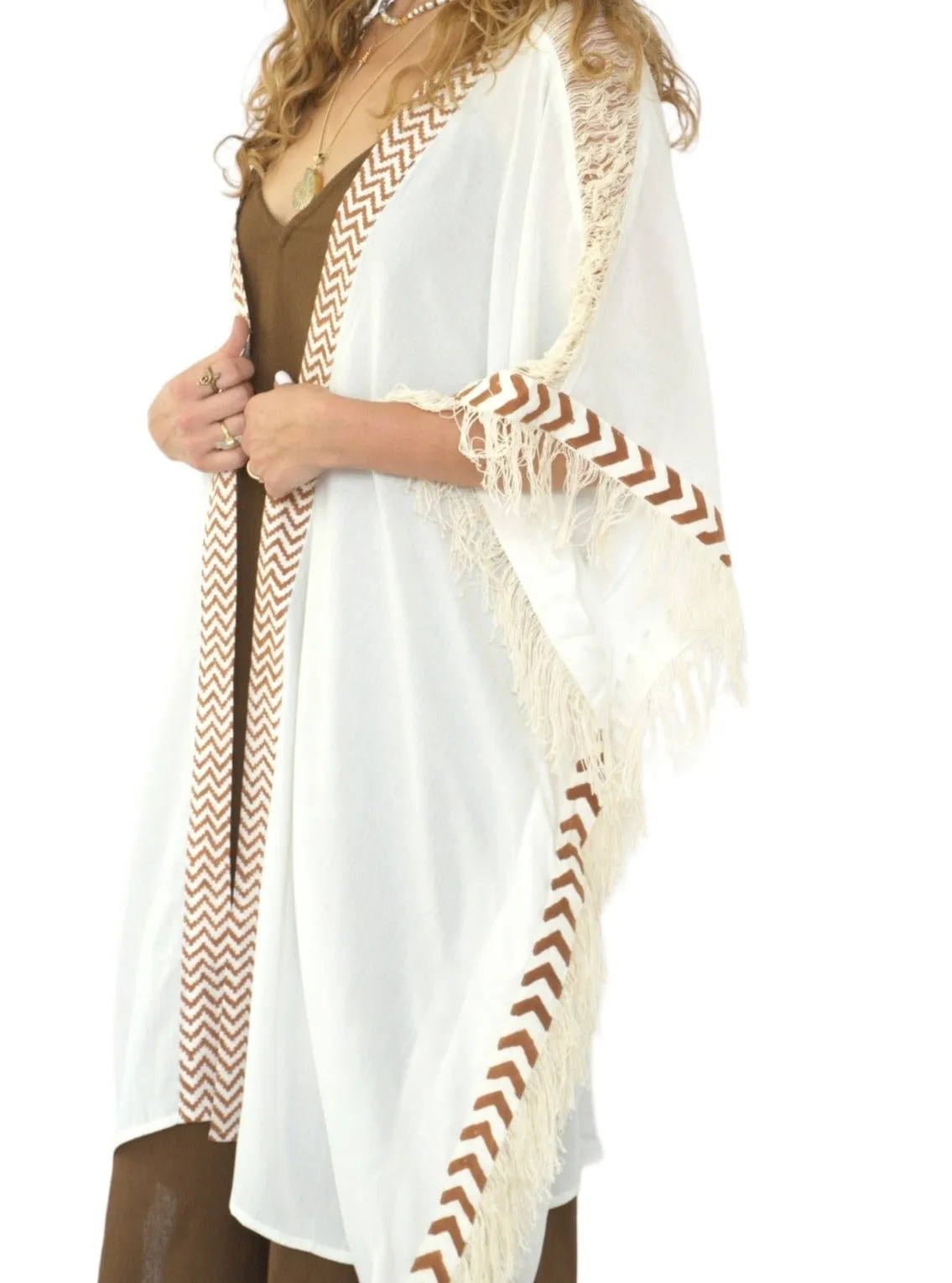 White Closed-Back Fringe Poncho