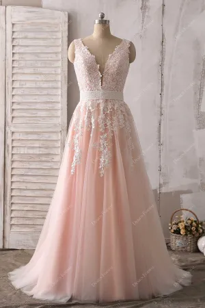 White Lace Baby Pink Tulle Plunging Neck Elegant Prom Dress