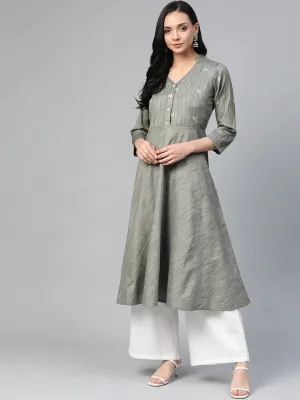 Women Grey Woven Design Flaired Kurta