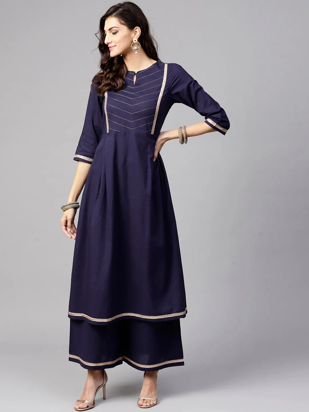 Women Navy Blue Solid Yoke Design Kurta With Palazzos