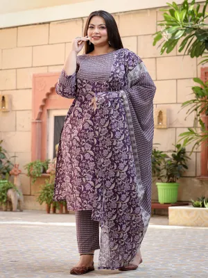 Women Plus Size Purple Pure Cotton Kurta Set With Dupatta