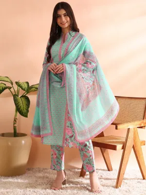 Women Turquoise Blue Poly Rayon Floral Printed Straight Kurta Trousers With Dupatta