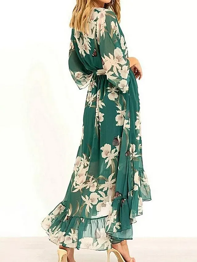 Women's Long Dress Maxi Dress Casual Dress Chiffon Dress Swing Dress Floral Fashion Streetwear Outdoor Daily Holiday Ruffle High Low dress 3/4 Length Sleeve V Neck Dress Regular Fit Green Summer