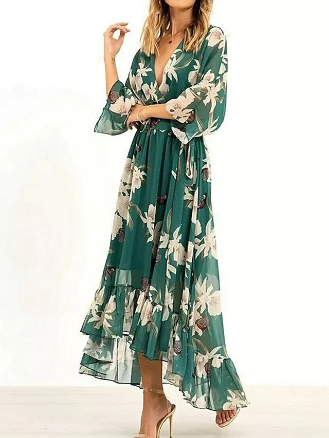 Women's Long Dress Maxi Dress Casual Dress Chiffon Dress Swing Dress Floral Fashion Streetwear Outdoor Daily Holiday Ruffle High Low dress 3/4 Length Sleeve V Neck Dress Regular Fit Green Summer