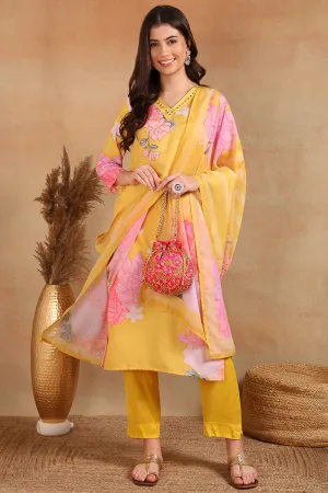 Yellow Cotton Blend Floral Printed Straight Trouser Suit Set